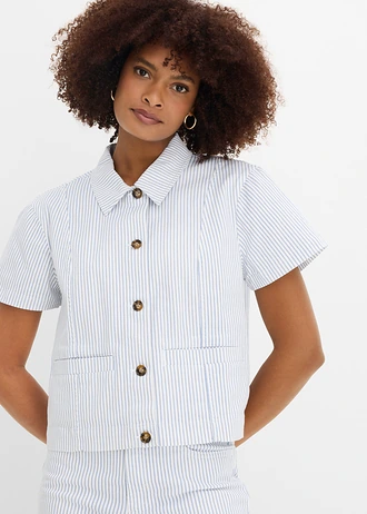 Džínová bunda s proužky, barva: bílo-modrý denim s proužky