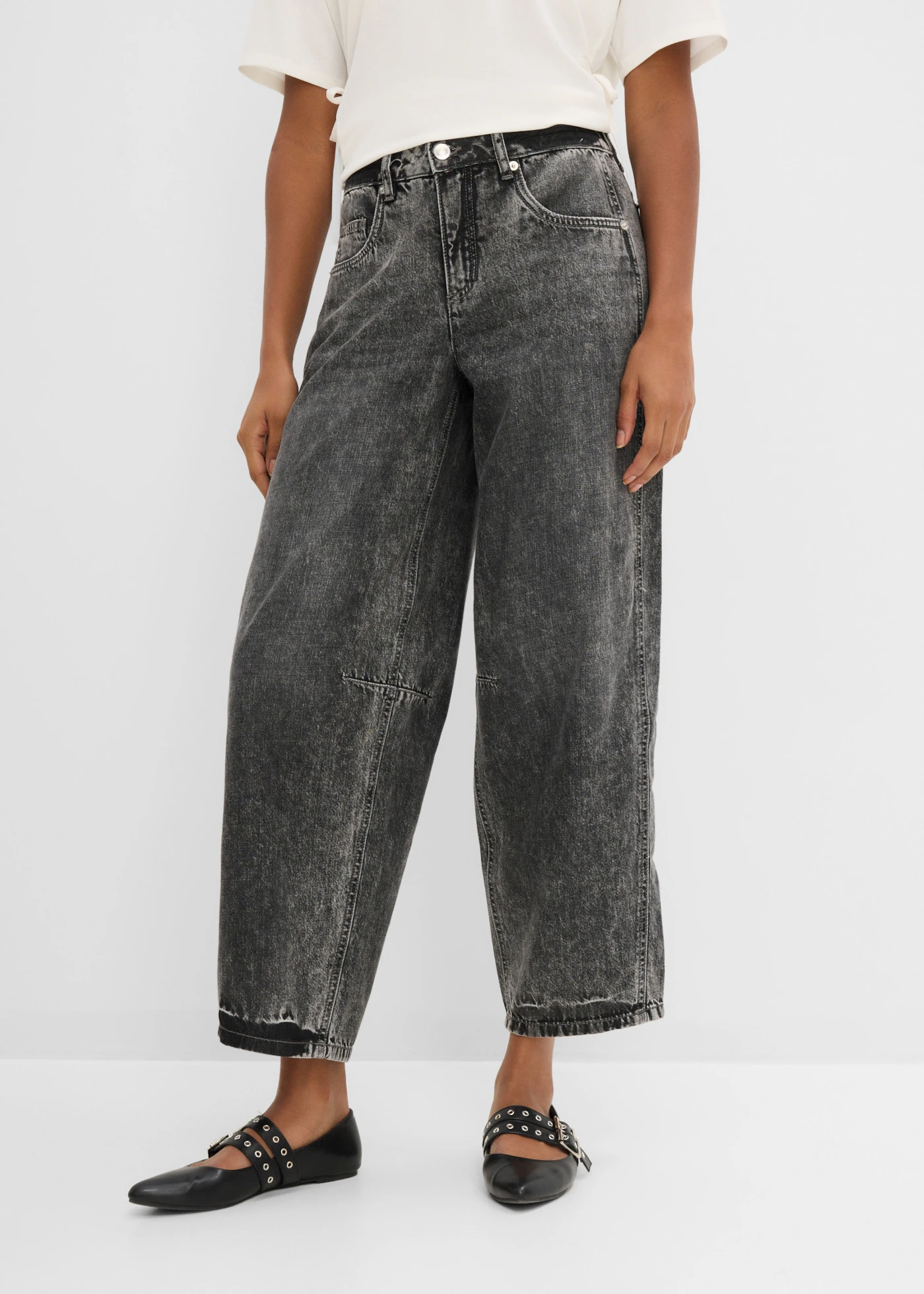 Ballon farmer, Mid Waist, szuper puha, rövidített • szürke denim, használt hatású • bonprix áruház