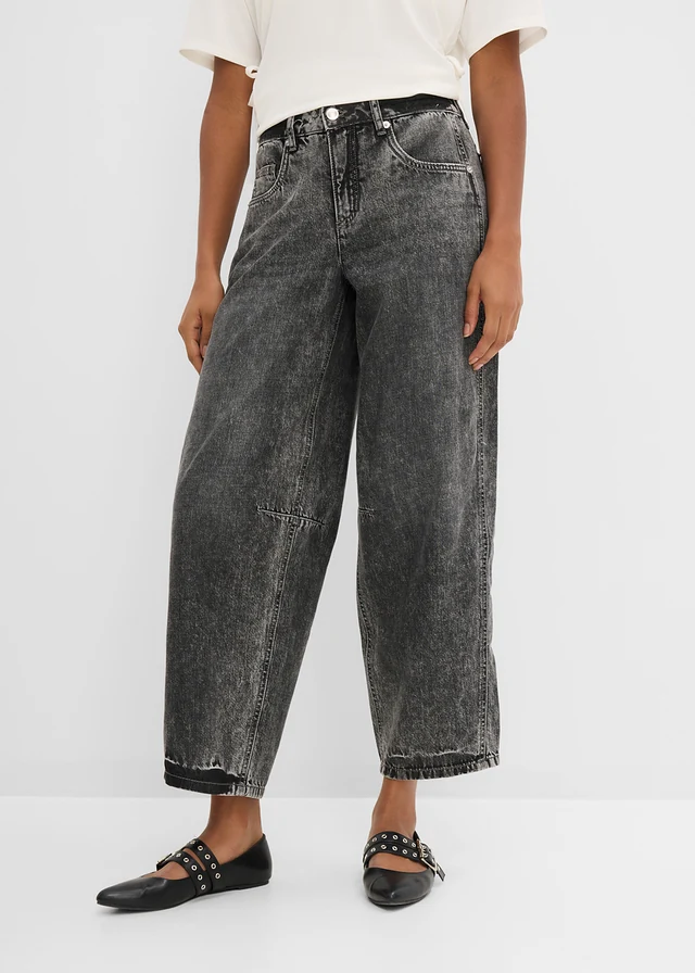 Jean ballon taille mi-haute, doux et cropped, Couleur: gris denim used