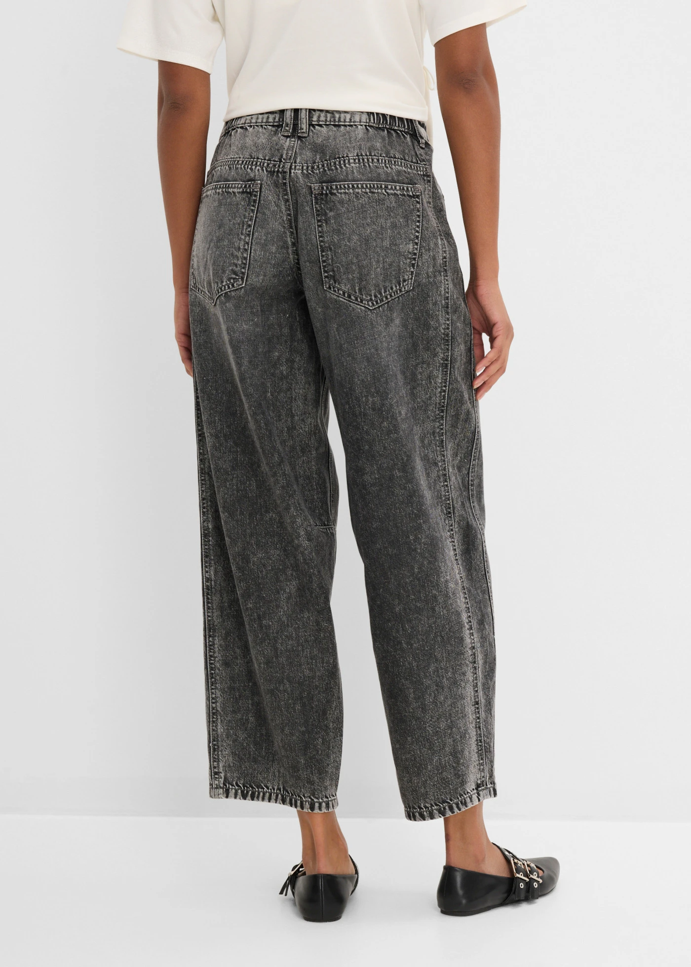 Ballon farmer, Mid Waist, szuper puha, rövidített • szürke denim, használt hatású • bonprix áruház