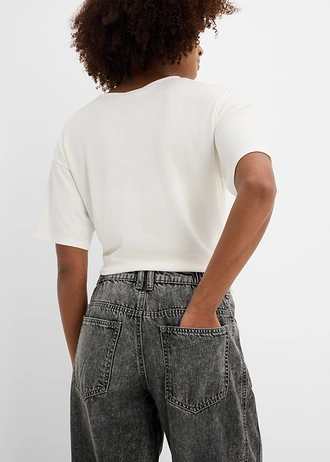 Ballon farmer, Mid Waist, szuper puha, rövidített • szürke denim, használt hatású • bonprix áruház