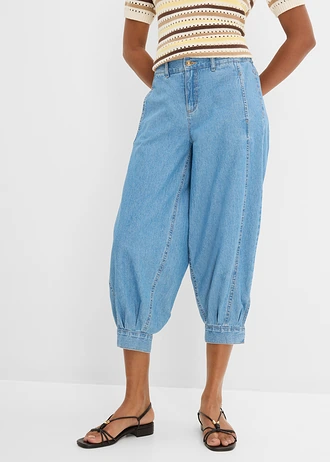 Ballon farmer Mid Waist, kényelmes derékpánttal, szín: világoskék denim, használt hatású