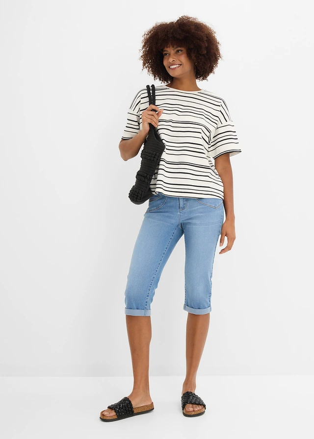 Blugi straight Mid Waist, cropped bleu denim uzat