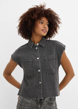 Krótka bluzka jeansowa o kroju pudełkowym • czarny denim "used" • sklep bonprix