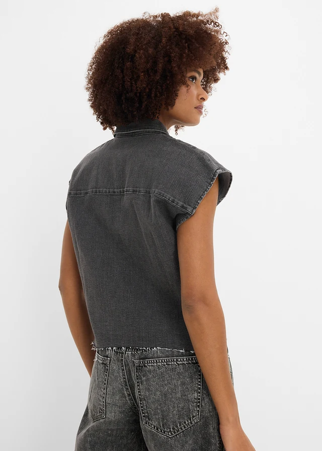 Chemisier en jean court et boxy, Couleur: noir denim used