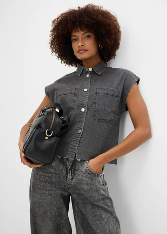 Chemisier en jean court et boxy • noir denim used • Boutique bonprix
