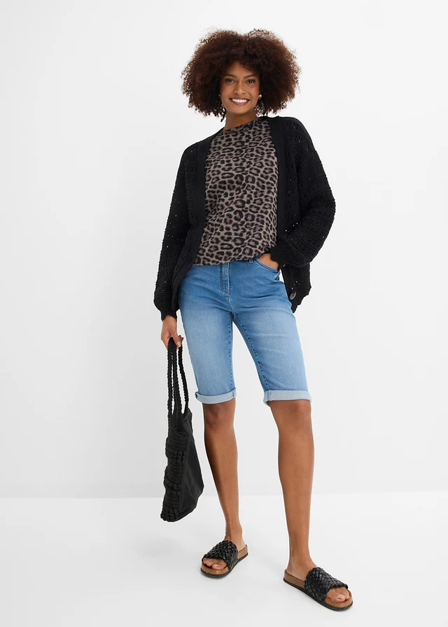Bermuda en jean, taille mi-haute élastiquée bleu clair denim used