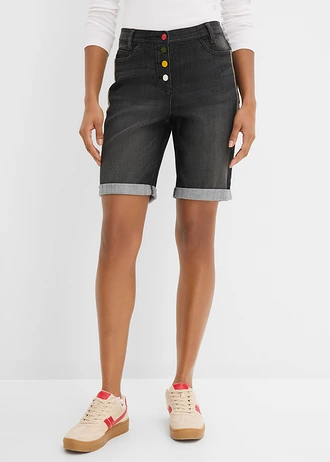 Comfort stretch jeans bermuda met borduursel en comfortband, Kleur: zwart denim used