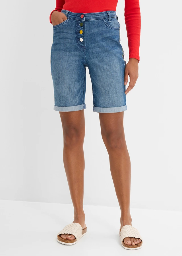 Bermuda en jean avec broderie, taille mi-haute élastiquée, Couleur: bleu denim