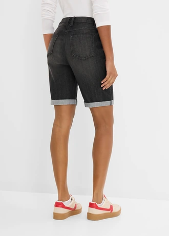 Bermudy jeansowe mid waist, z haftem i wygodnym pasem • czarny denim "used" • sklep bonprix