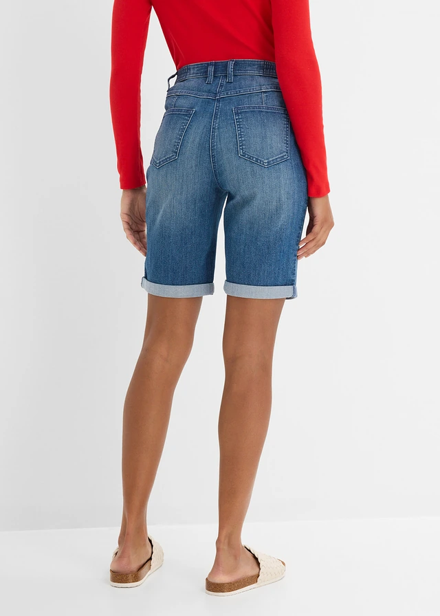 Bermuda en jean avec broderie, taille mi-haute élastiquée, Couleur: bleu denim