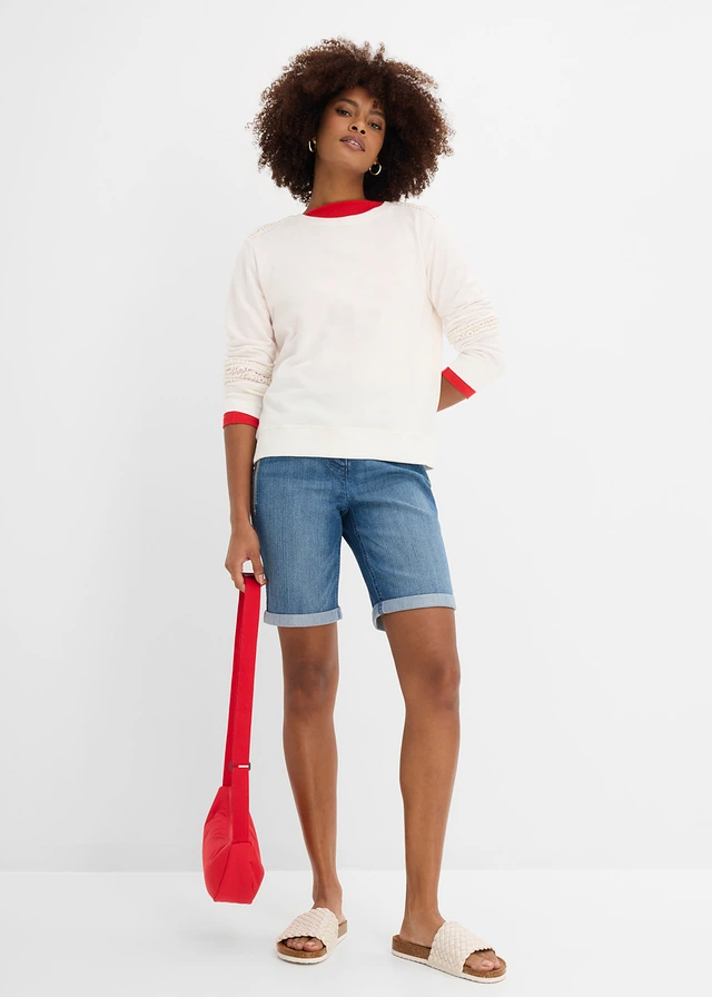 Bermuda en jean avec broderie, taille mi-haute élastiquée, Couleur: bleu denim