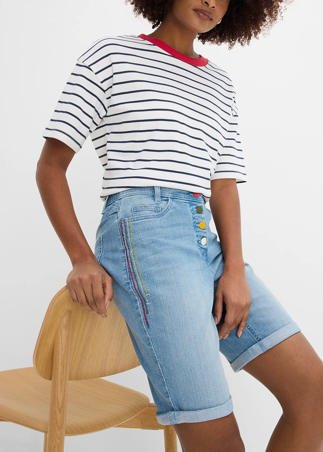 Bermuda en jean avec broderie, taille mi-haute élastiquée • bleu clair denim • product-page.page-title-suffix