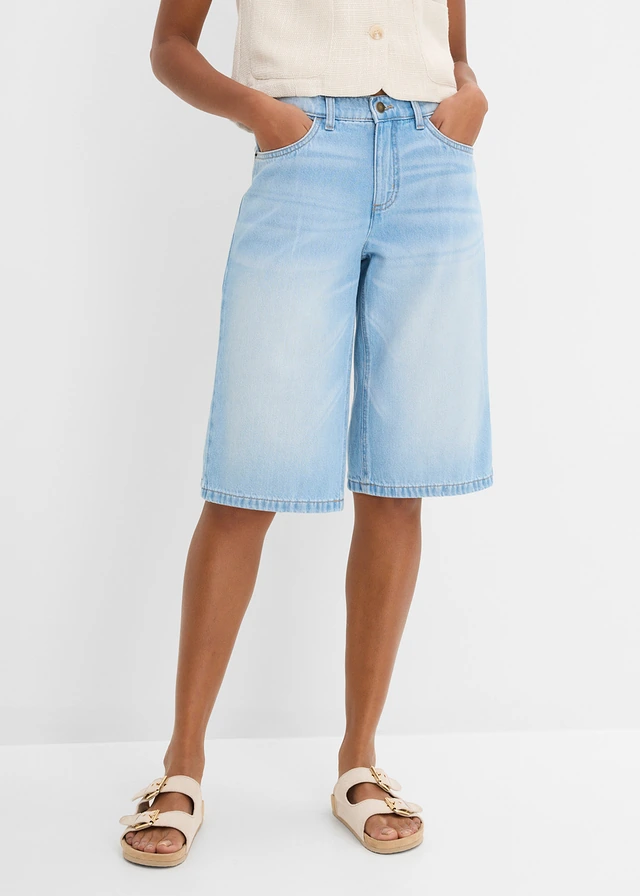 Bermuda en jean, taille mi-haute, Couleur: bleu moyen denim used