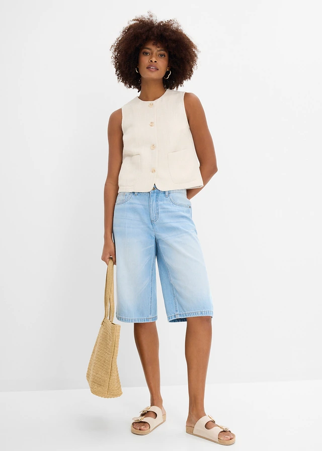 Jeans bermuda, mid waist, Kleur: middelblauw denim used