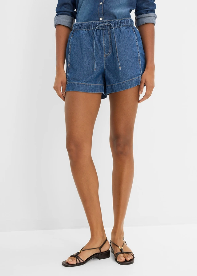Jeans short met comfortband, mid waist, Kleur: blauw denim used