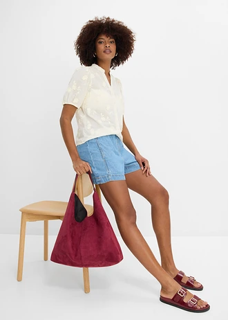 Short en jean, taille mi-haute élastiquée • bleu clair denim used • Boutique bonprix