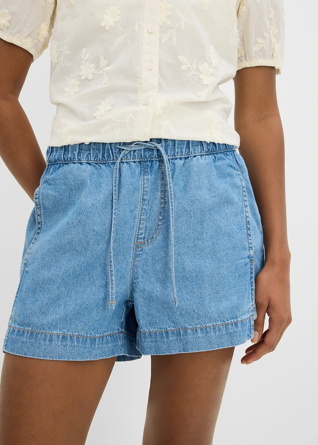Szorty jeansowe mid waist z elastyczną gumką w talii • jasnoniebieski denim "used" • sklep bonprix