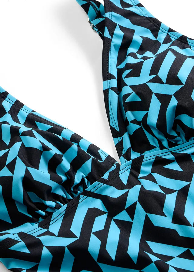 Maillot 1 pièce sculptant à col en V, maintien léger • noir/turquoise graphique • product-page.page-title-suffix
