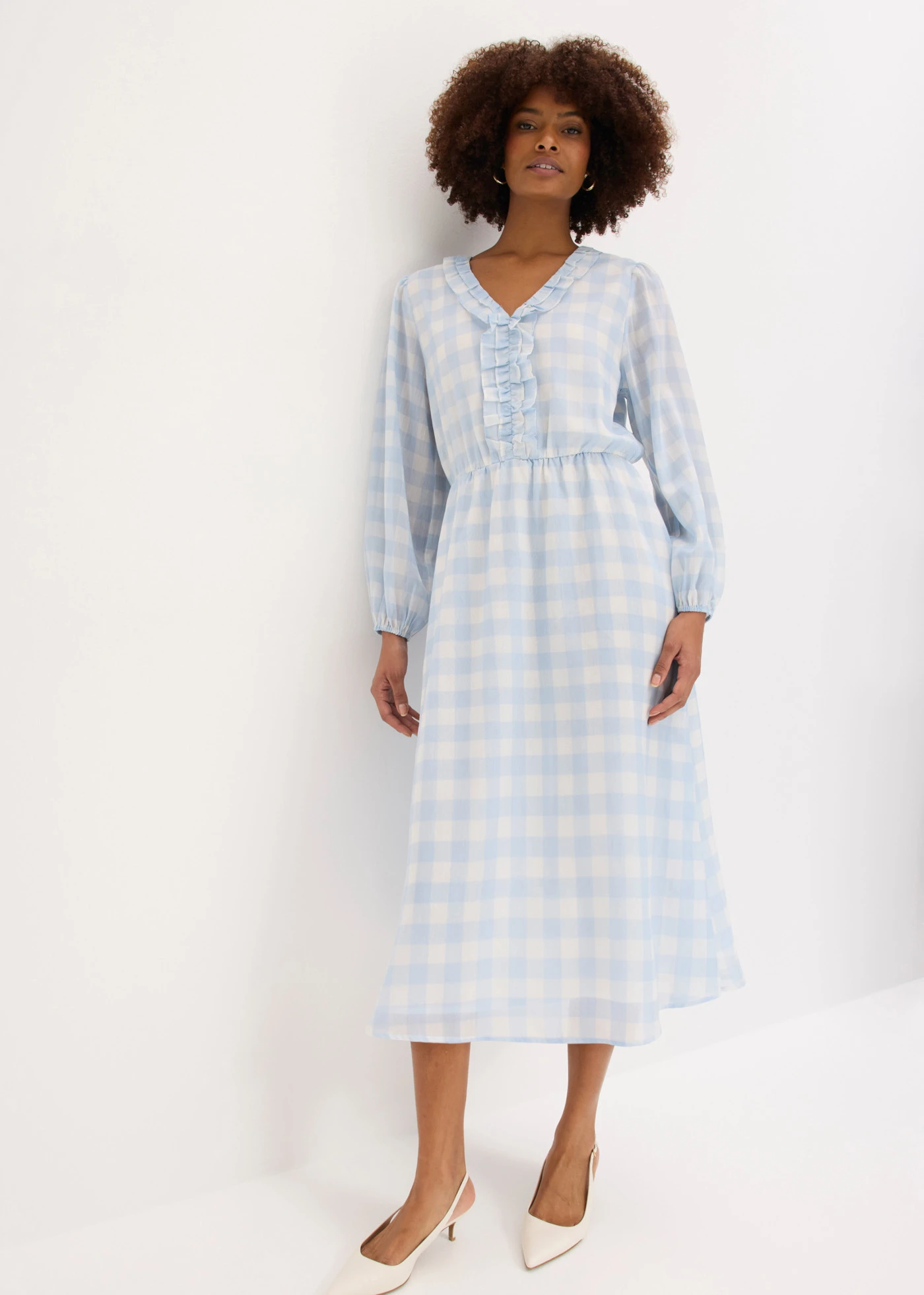 Robe midi • bleu poudré-écru carreaux • Boutique bonprix