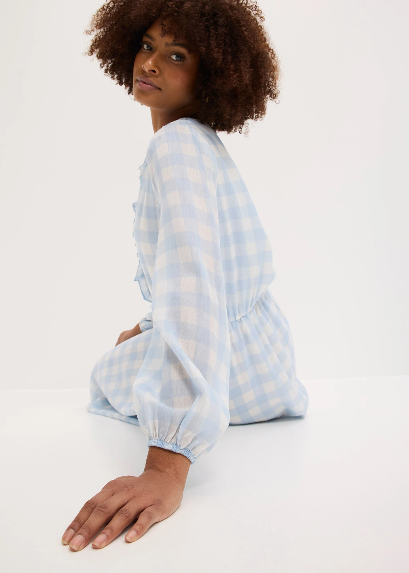 Robe midi • bleu poudré-écru carreaux • Boutique bonprix