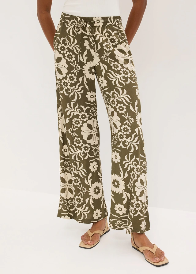Pantalon large en viscose fluide • olive foncé-beige galet imprimé • product-page.page-title-suffix
