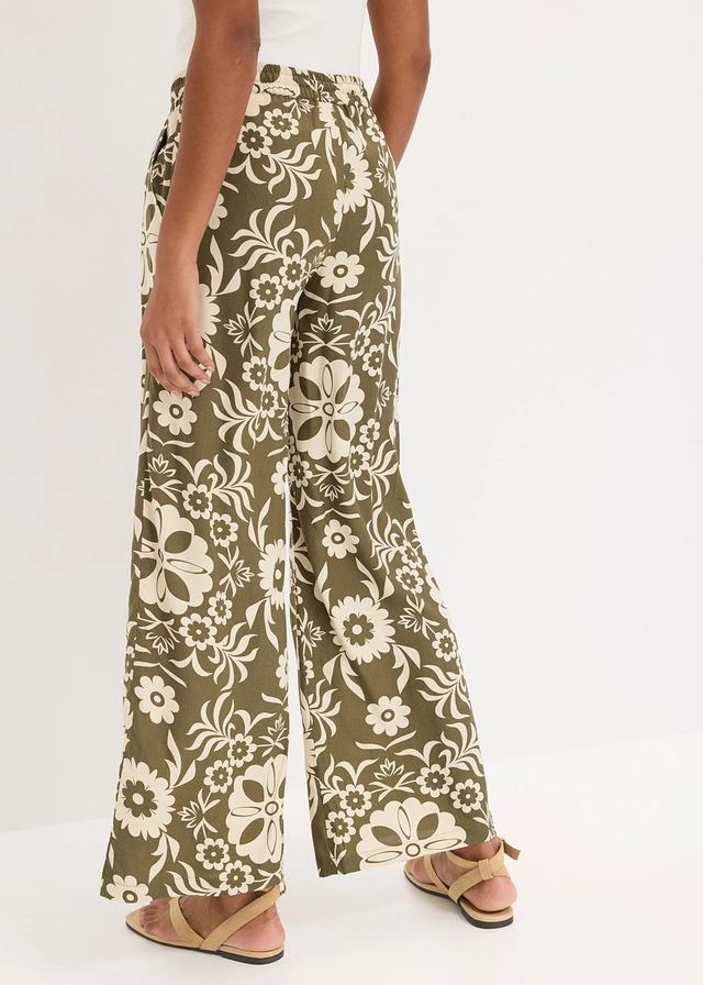 Pantalon large en viscose fluide • olive foncé-beige galet imprimé • product-page.page-title-suffix