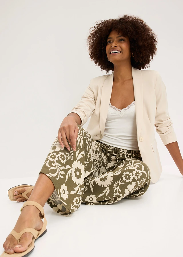 Pantalon large en viscose fluide • olive foncé-beige galet imprimé • product-page.page-title-suffix