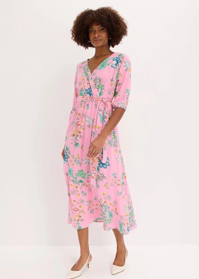 Midi jurk van soepele viscose, Kleur: roze gebloemd
