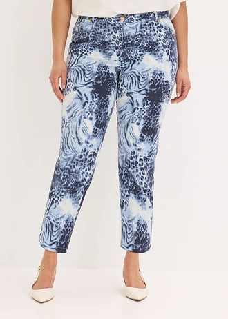 7/8 stretch broek met print, Kleur: rookblauw luipaardprint
