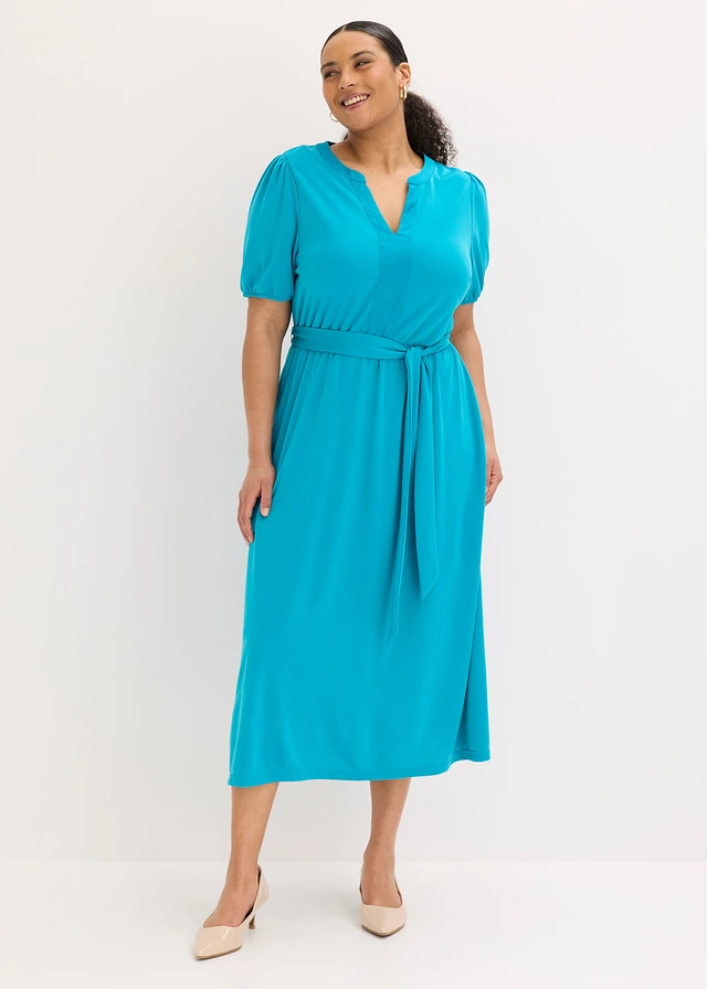 Robe midi en piqué de viscose avec détail satin, Couleur: bleu lagon