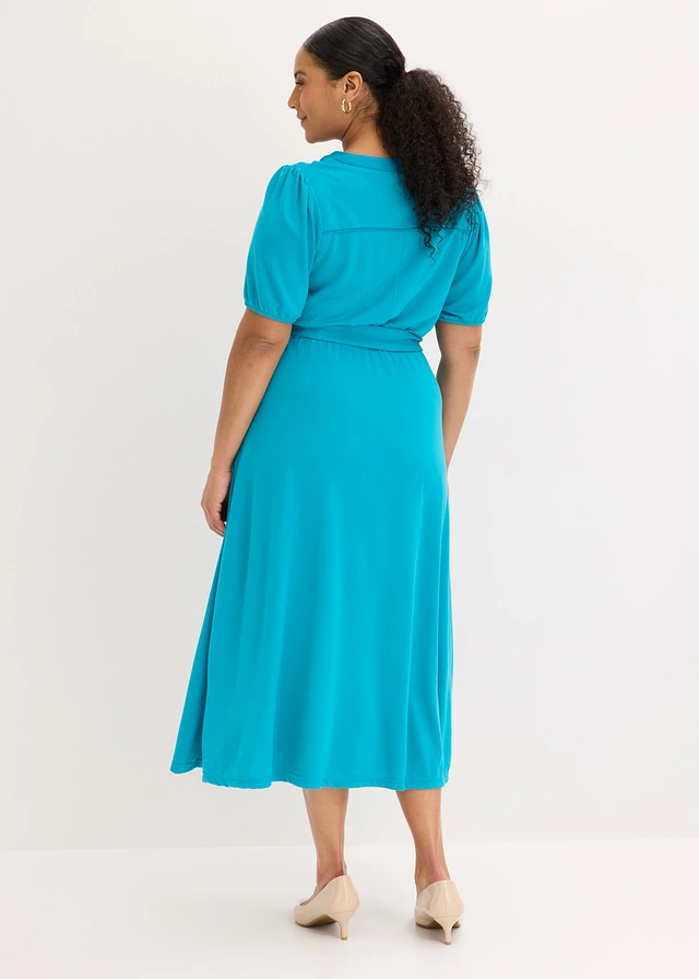 Robe midi en piqué de viscose avec détail satin, Couleur: bleu lagon
