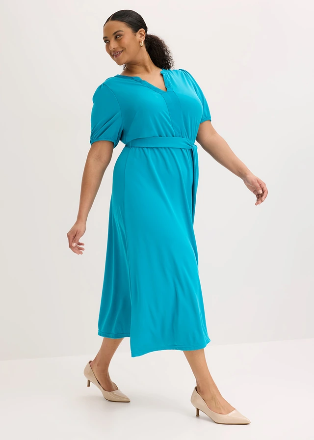 Robe midi en piqué de viscose avec détail satin, Couleur: bleu lagon
