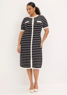 Gebreide viscose jurk met knopen, Kleur: zwart-wolwit gestreept