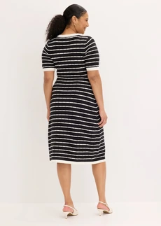 Gebreide viscose jurk met knopen, Kleur: zwart-wolwit gestreept