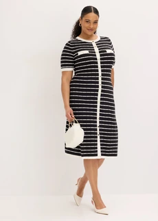 Gebreide viscose jurk met knopen, Kleur: zwart-wolwit gestreept