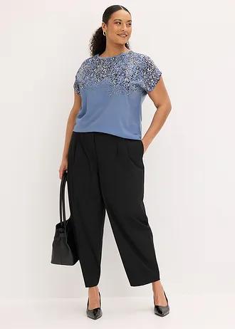 T-shirt à empiècement tissé et strass, Couleur: bleu fumé léopard