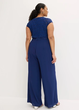 Jumpsuit van fijne chiffon met kant, Kleur: middernachtblauw
