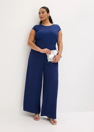 Jumpsuit van fijne chiffon met kant, Kleur: middernachtblauw