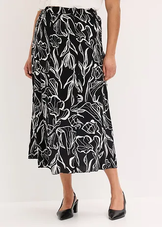 Maxi rok van viscose met crinkle-effect, Kleur: zwart/wolwit gebloemd