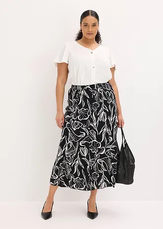 Maxi rok van viscose met crinkle-effect, Kleur: zwart/wolwit gebloemd