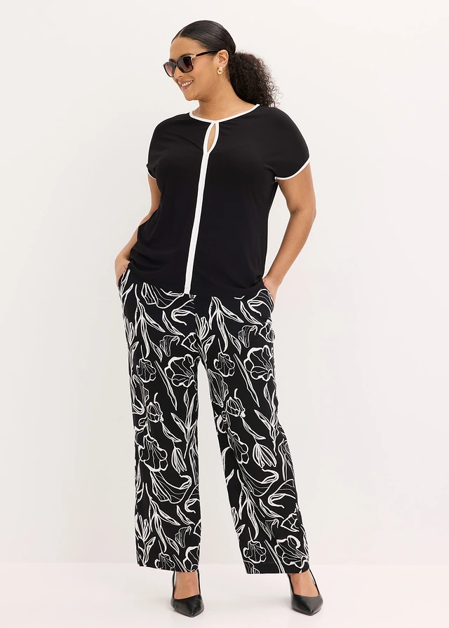 Pantalon à taille élastiquée en viscose, Couleur: noir/écru floral