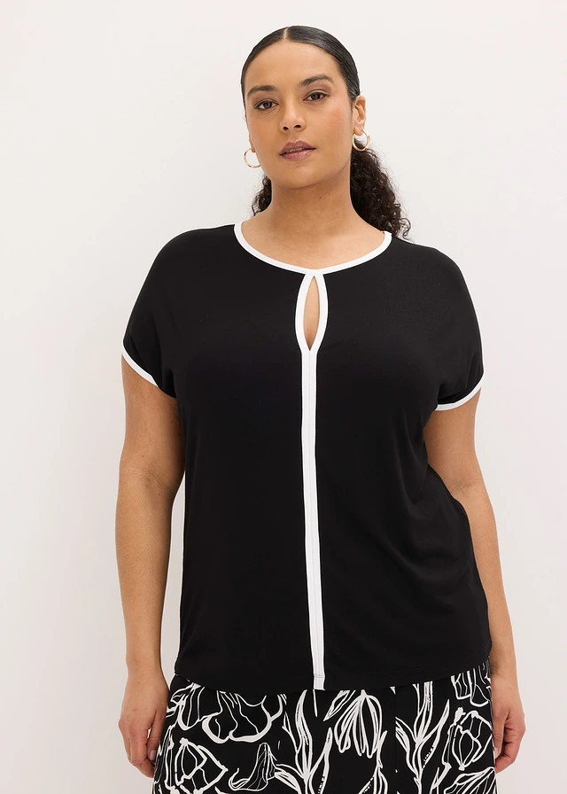 T-shirt avec passepoil, Couleur: noir-écru