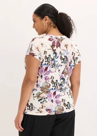 Tuniek met korte mouwen van soepele viscose, Kleur: ecru gebloemd