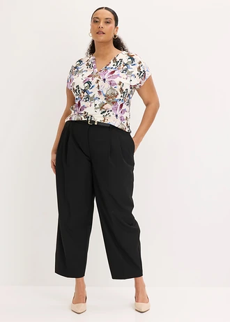 Tuniek met korte mouwen van soepele viscose, Kleur: ecru gebloemd