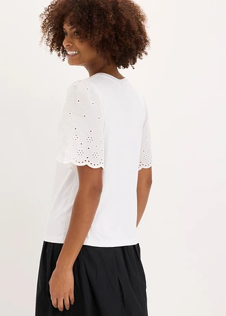 T-shirt doux en viscose extensible avec broderie anglaise • blanc • Boutique bonprix