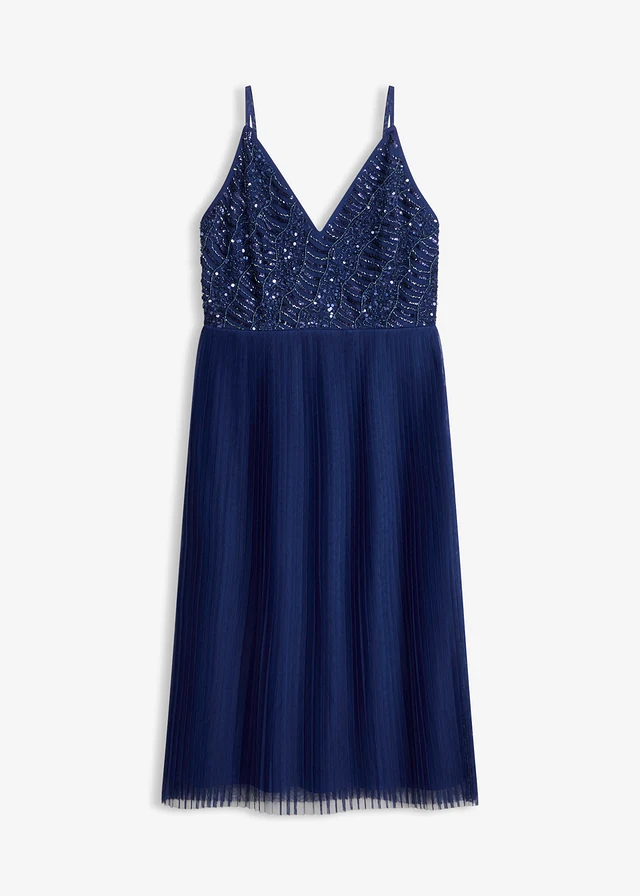 Midi šaty s plisovanou sukňou a flitrovanou výšivkou • polnočná modrá • obchod bonprix