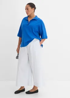 Pantaloni culotte din material seersucker, culoare: albastru pudrat-alb cu dungi verticale