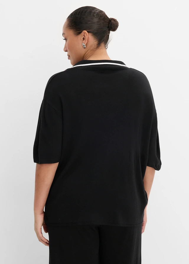 T-shirt polo en maille fine, Couleur: noir / blanc