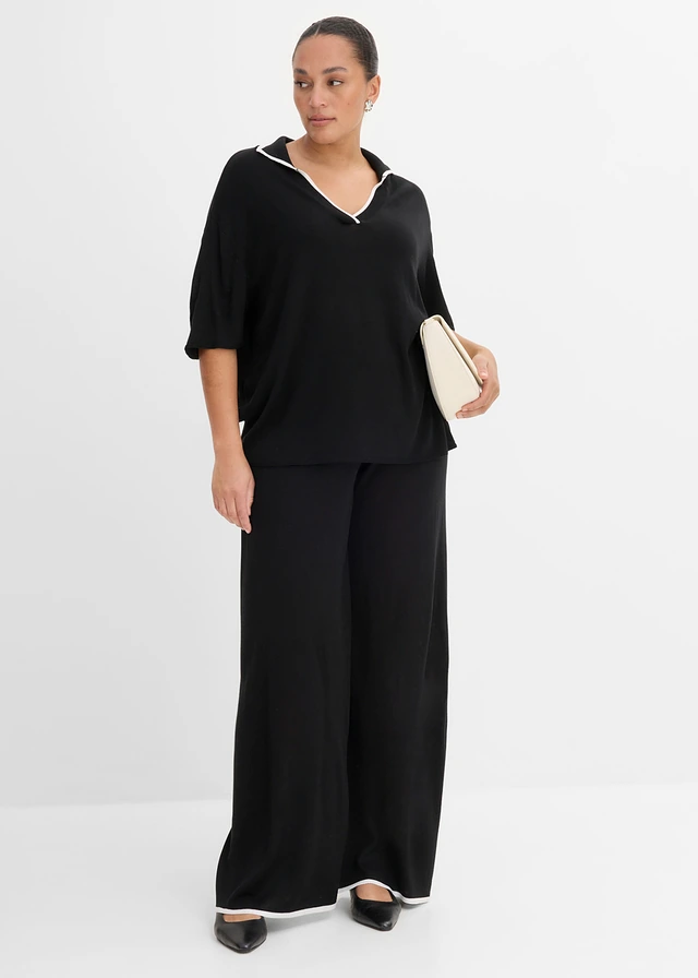 T-shirt polo en maille fine, Couleur: noir / blanc